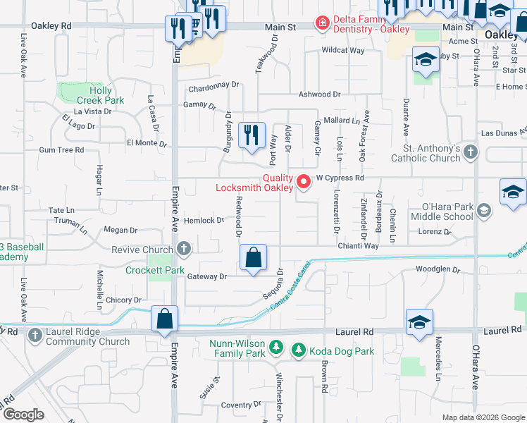 map of restaurants, bars, coffee shops, grocery stores, and more near 1710 Hemlock Court in Oakley