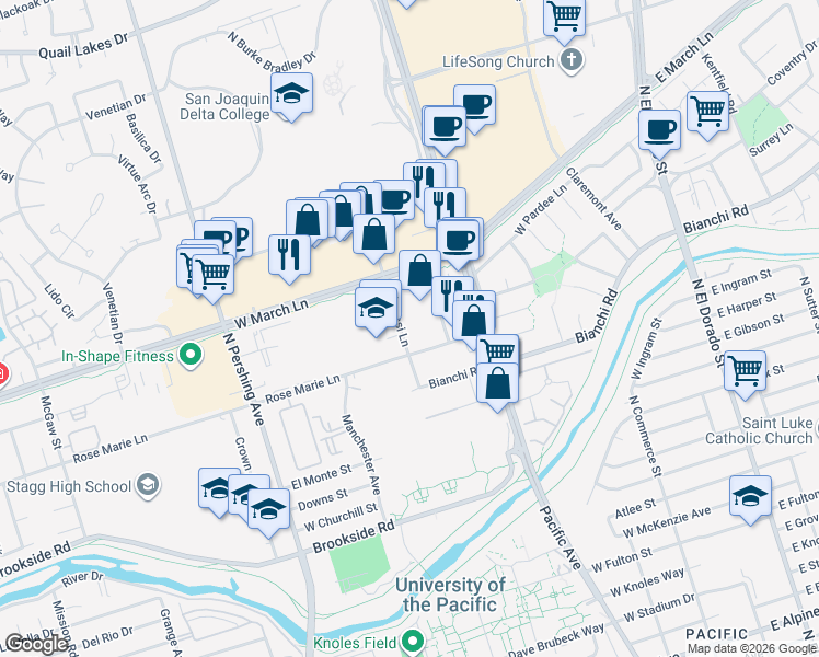 map of restaurants, bars, coffee shops, grocery stores, and more near 4545 Georgetown Place in Stockton