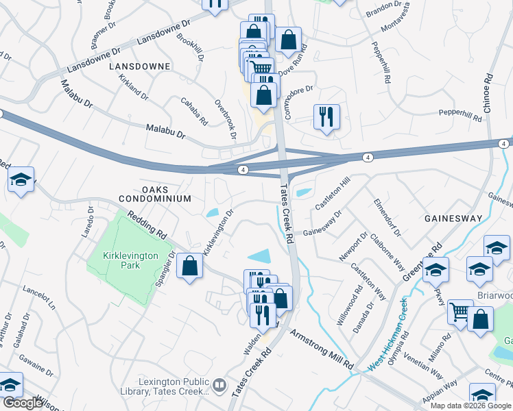map of restaurants, bars, coffee shops, grocery stores, and more near 3050 Kirklevington Drive in Lexington