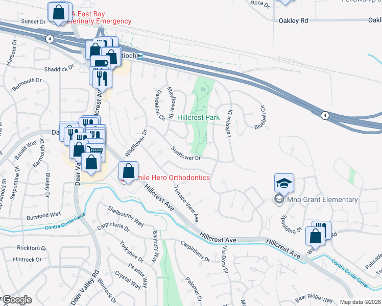 map of restaurants, bars, coffee shops, grocery stores, and more near 3025 Sunflower Drive in Antioch