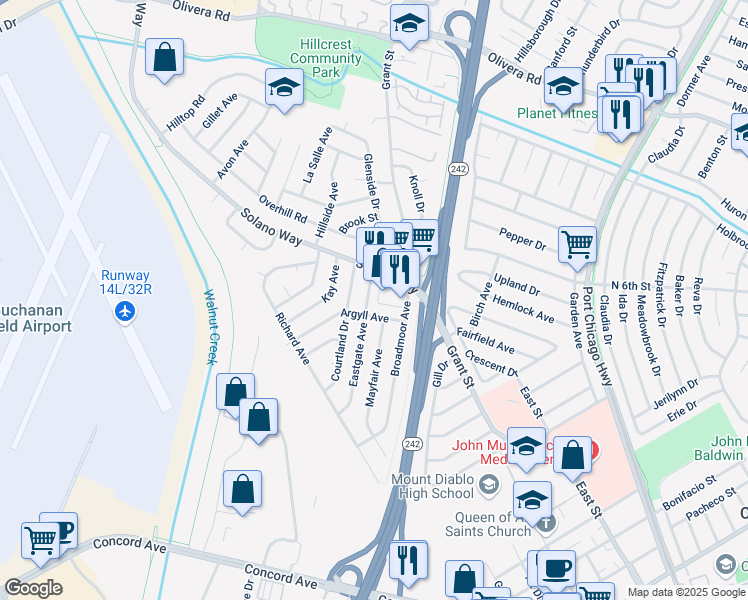 map of restaurants, bars, coffee shops, grocery stores, and more near 2812 Eastgate Avenue in Concord