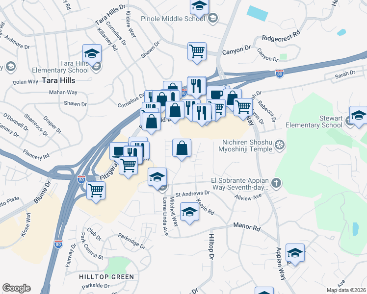 map of restaurants, bars, coffee shops, grocery stores, and more near 1120 Mitchell Way in El Sobrante