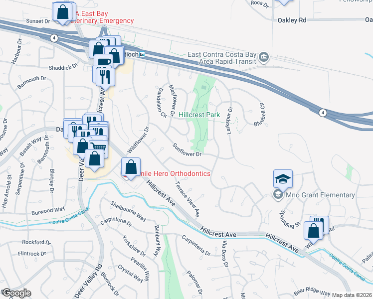 map of restaurants, bars, coffee shops, grocery stores, and more near 3013 Sunflower Drive in Antioch