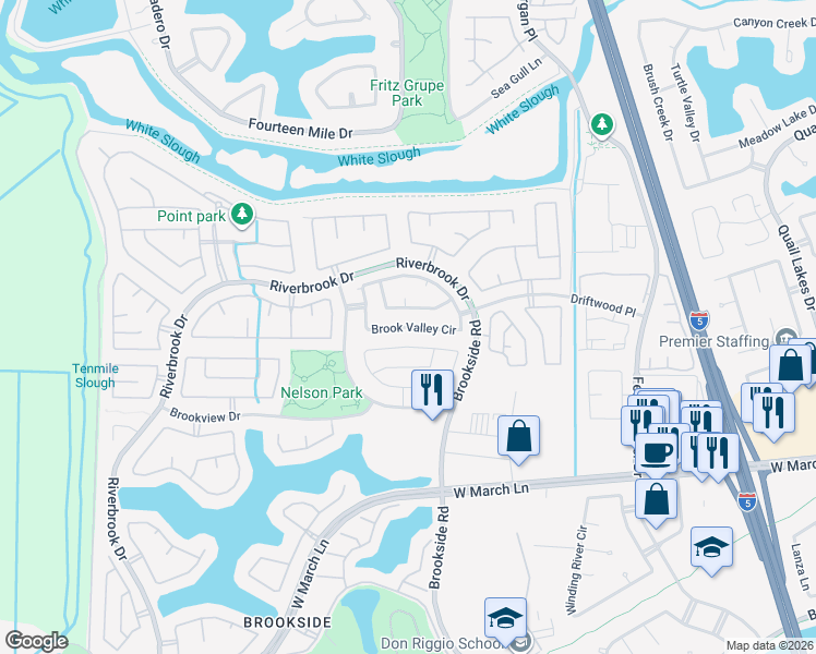 map of restaurants, bars, coffee shops, grocery stores, and more near 3769 Brook Valley Circle in Stockton
