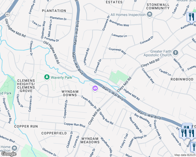 map of restaurants, bars, coffee shops, grocery stores, and more near 1580 Higbee Mill Road in Lexington