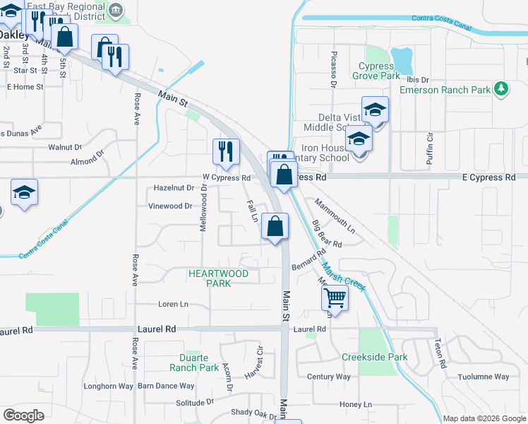map of restaurants, bars, coffee shops, grocery stores, and more near 339 Fall Circle in Oakley