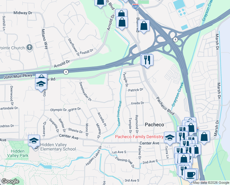 map of restaurants, bars, coffee shops, grocery stores, and more near 2135 Rock Pass Place in Martinez