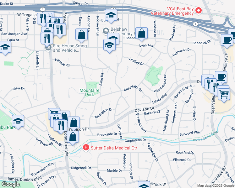 map of restaurants, bars, coffee shops, grocery stores, and more near 3400 Garrow Drive in Antioch