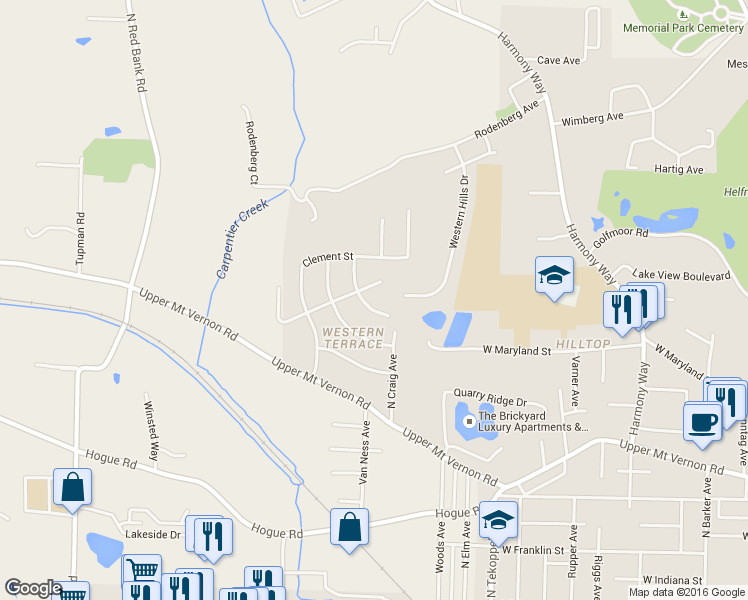 map of restaurants, bars, coffee shops, grocery stores, and more near 4001 West Oregon Street in Evansville