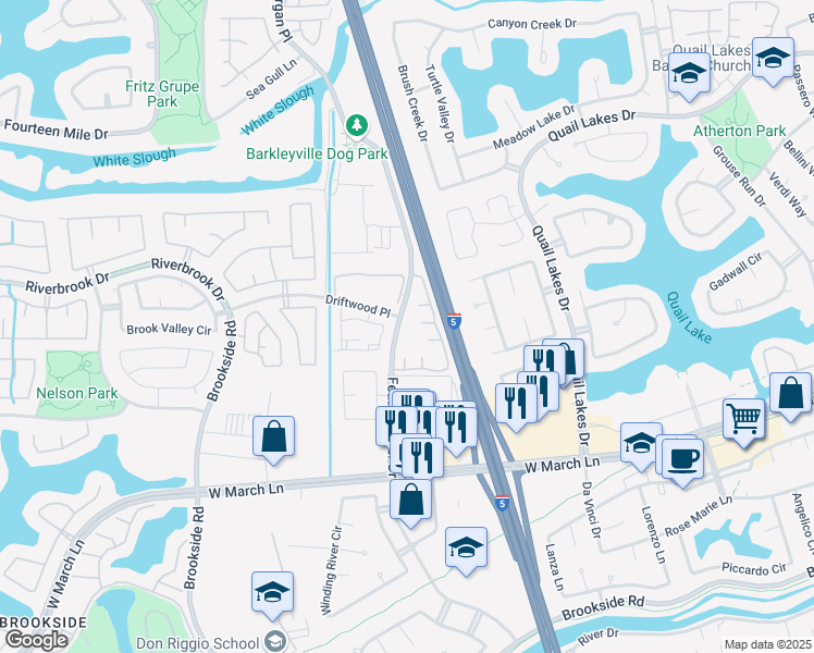 map of restaurants, bars, coffee shops, grocery stores, and more near 5314 Feather River Drive in Stockton