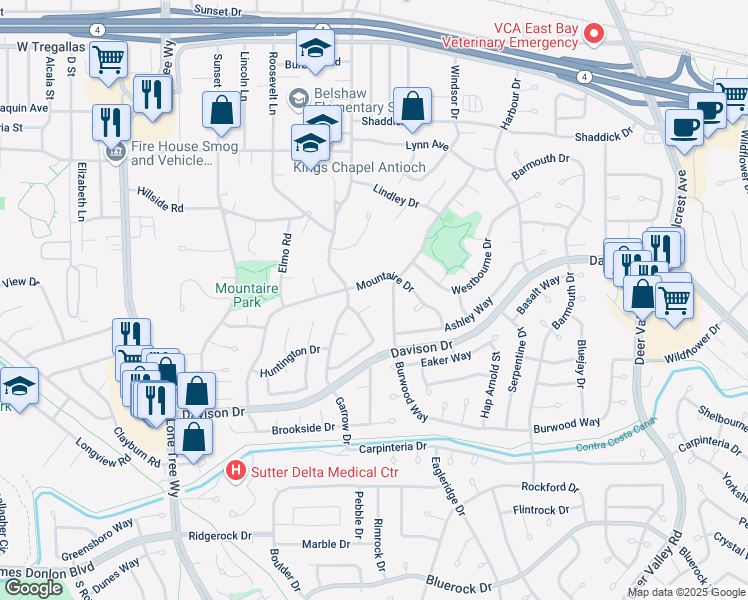 map of restaurants, bars, coffee shops, grocery stores, and more near 522 Northbrook Court in Antioch