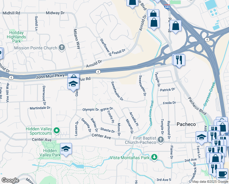 map of restaurants, bars, coffee shops, grocery stores, and more near 2163 Range Place in Martinez