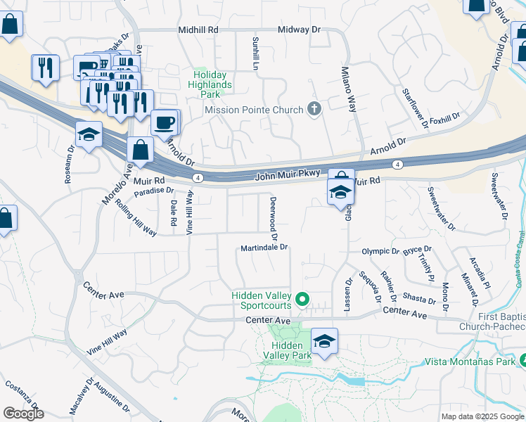 map of restaurants, bars, coffee shops, grocery stores, and more near 2130 Knollwood Drive in Martinez