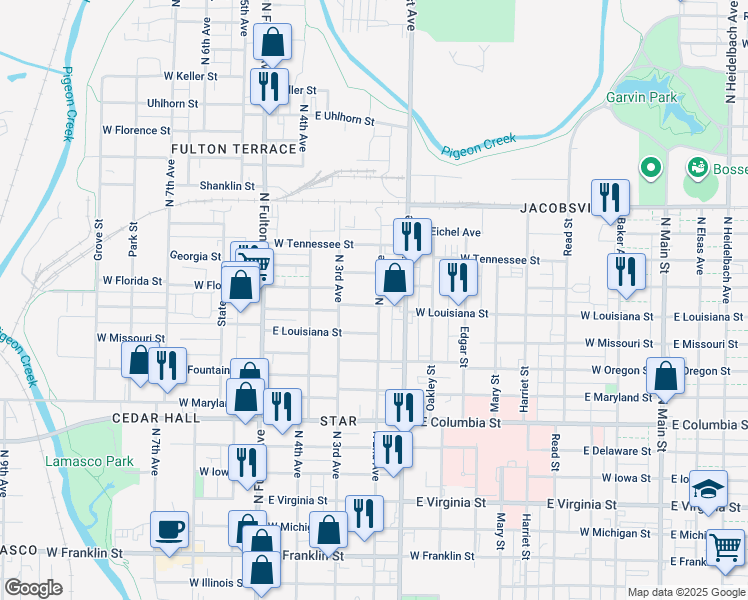 map of restaurants, bars, coffee shops, grocery stores, and more near 1202 North 2nd Avenue in Evansville