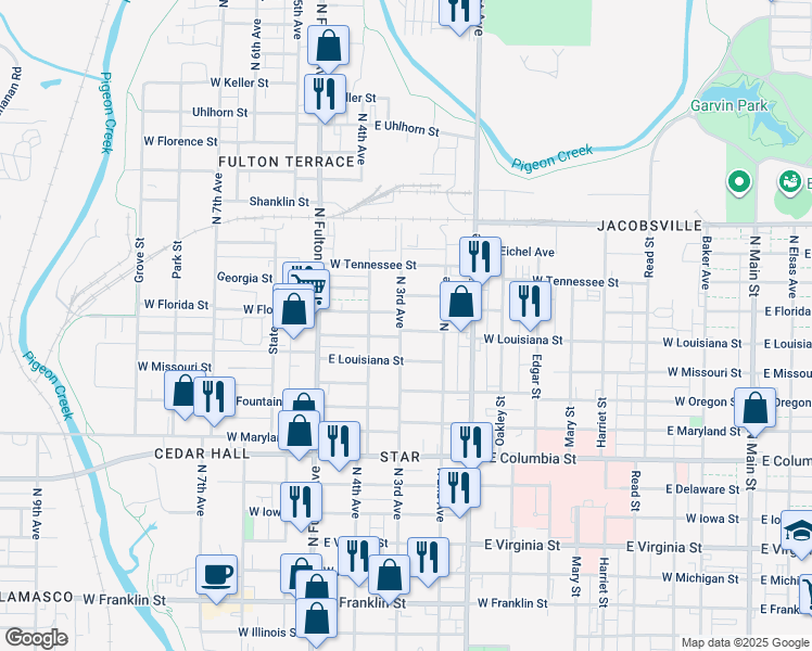 map of restaurants, bars, coffee shops, grocery stores, and more near 1205 North 3rd Avenue in Evansville