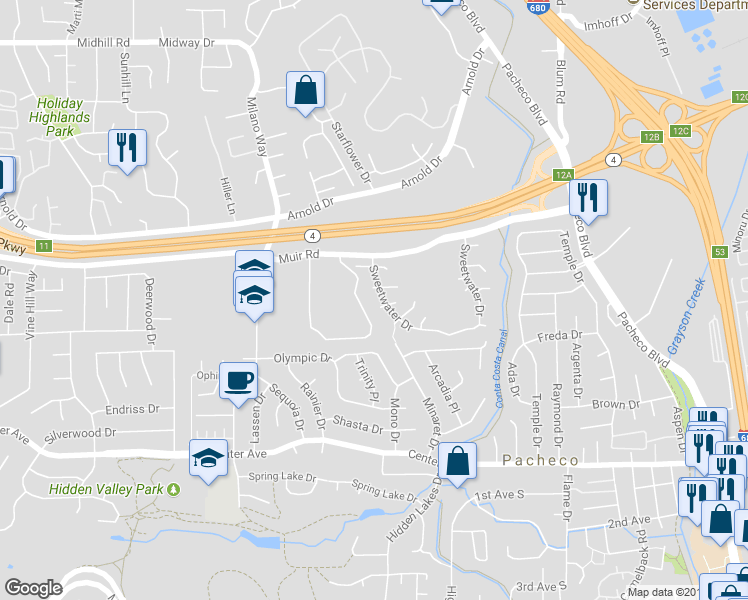 map of restaurants, bars, coffee shops, grocery stores, and more near 2143 Range Place in Martinez