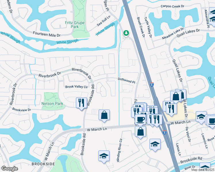 map of restaurants, bars, coffee shops, grocery stores, and more near 3326 Amberfield Circle in Stockton