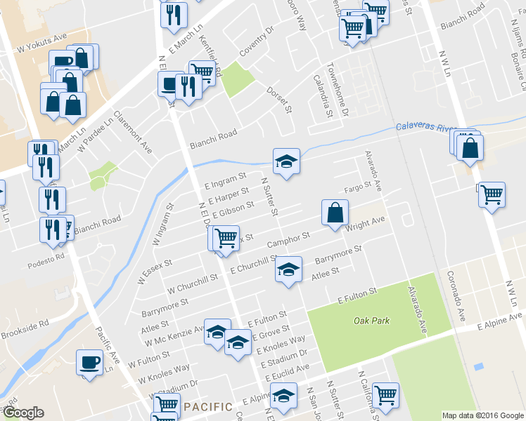 map of restaurants, bars, coffee shops, grocery stores, and more near 259 East Fargo Street in Stockton