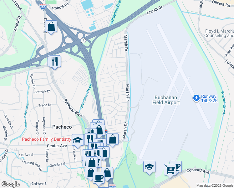 map of restaurants, bars, coffee shops, grocery stores, and more near 185 Damascus Loop in Pacheco