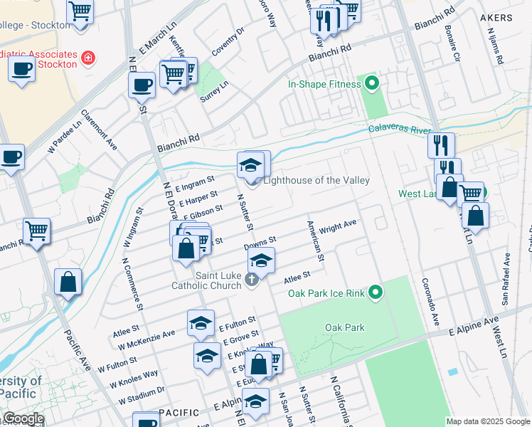map of restaurants, bars, coffee shops, grocery stores, and more near 442 East Fargo Street in Stockton
