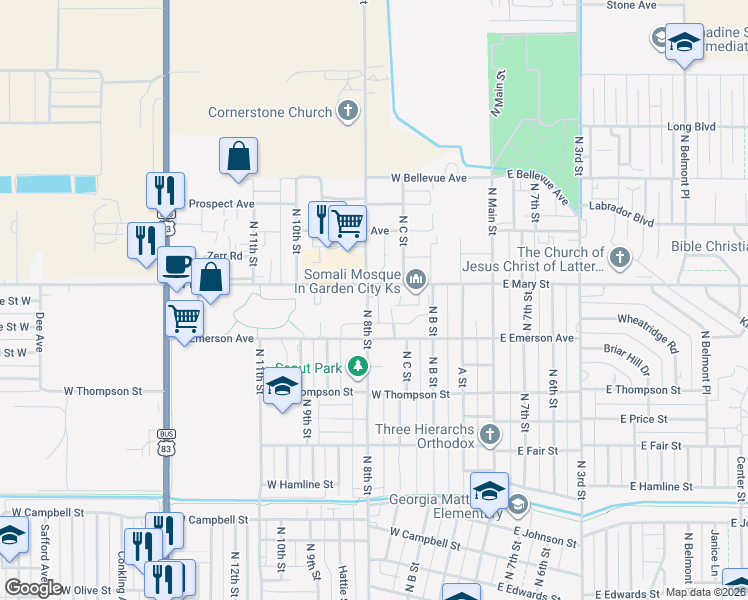map of restaurants, bars, coffee shops, grocery stores, and more near 2521-2589 N 8th St in Garden City