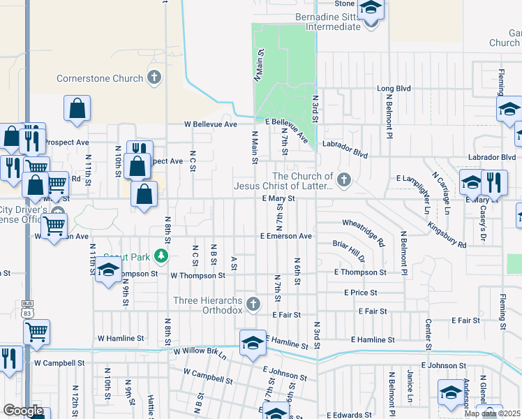 map of restaurants, bars, coffee shops, grocery stores, and more near 2518 North Main Street in Garden City