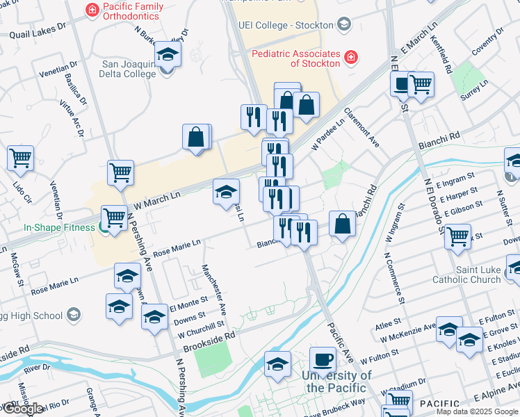 map of restaurants, bars, coffee shops, grocery stores, and more near 4545 Georgetown Place in Stockton