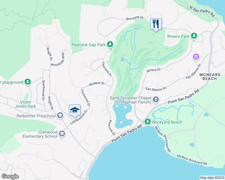 map of restaurants, bars, coffee shops, grocery stores, and more near 136 Peacock Drive in San Rafael