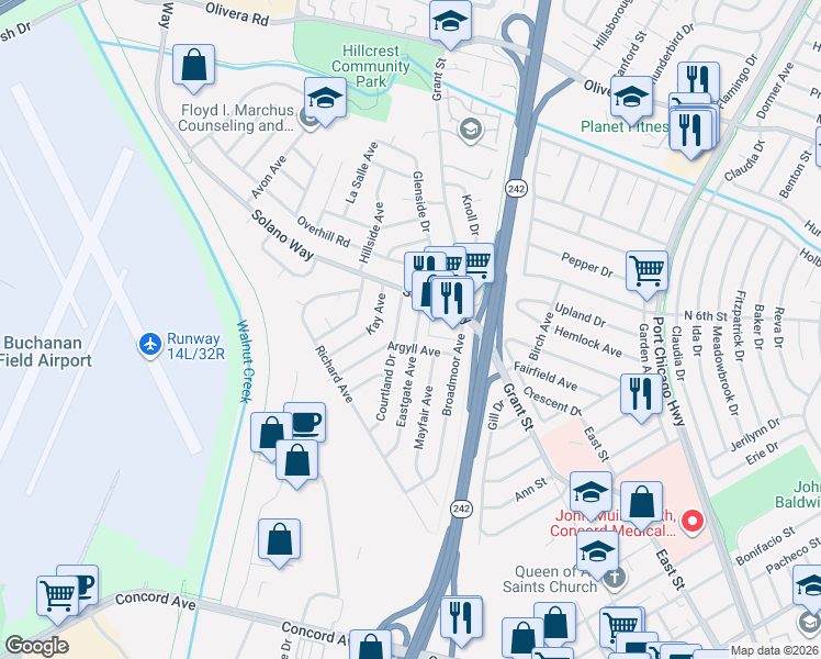 map of restaurants, bars, coffee shops, grocery stores, and more near 2813 Eastgate Avenue in Concord