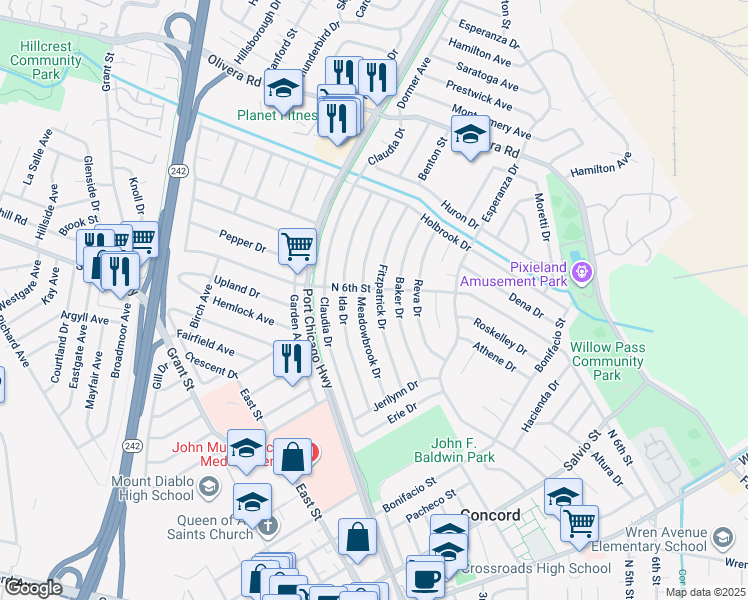 map of restaurants, bars, coffee shops, grocery stores, and more near 3195 Fitzpatrick Drive in Concord