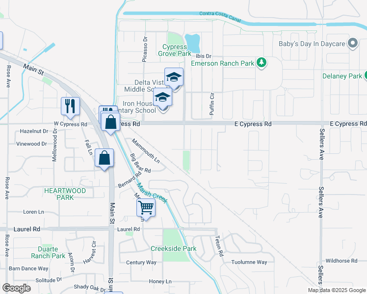 map of restaurants, bars, coffee shops, grocery stores, and more near 11 Renoir Court in Oakley