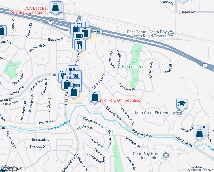 map of restaurants, bars, coffee shops, grocery stores, and more near 2915 Canyon View Court in Antioch