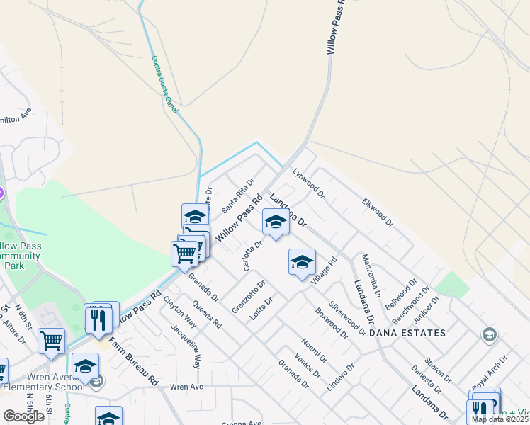map of restaurants, bars, coffee shops, grocery stores, and more near 3820 Willow Pass Road in Concord