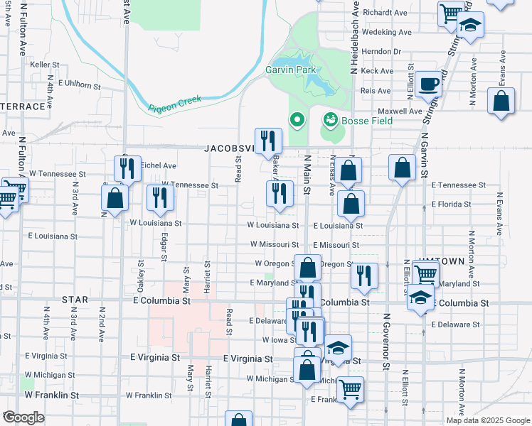 map of restaurants, bars, coffee shops, grocery stores, and more near 1217 Baker Avenue in Evansville