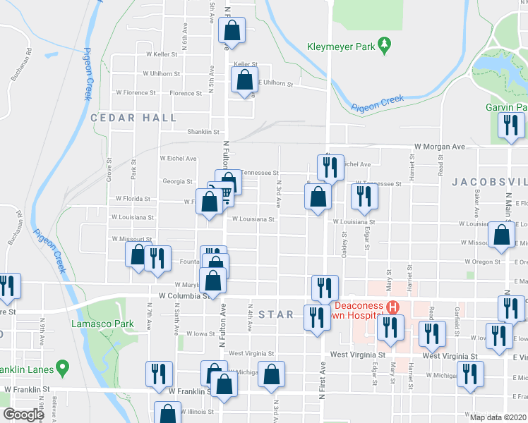 map of restaurants, bars, coffee shops, grocery stores, and more near 1209 North 4th Avenue in Evansville
