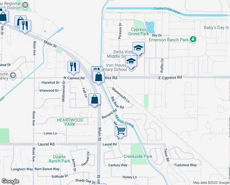 map of restaurants, bars, coffee shops, grocery stores, and more near 4673 Mammouth Lane in Oakley