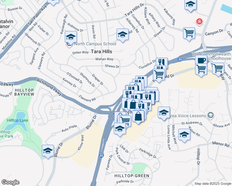 map of restaurants, bars, coffee shops, grocery stores, and more near 2880 Flannery Road in San Pablo