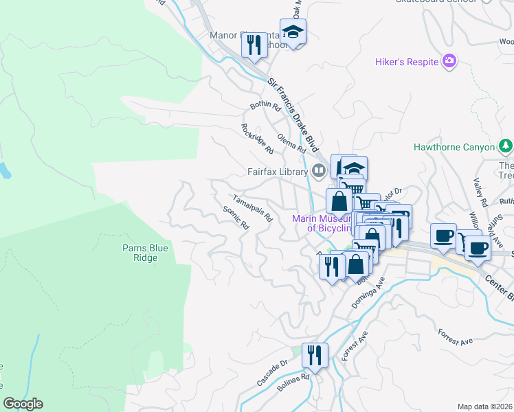 map of restaurants, bars, coffee shops, grocery stores, and more near 137 Tamalpais Road in Fairfax