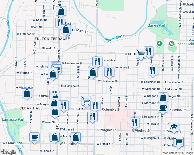 map of restaurants, bars, coffee shops, grocery stores, and more near 1209 North First Avenue in Evansville