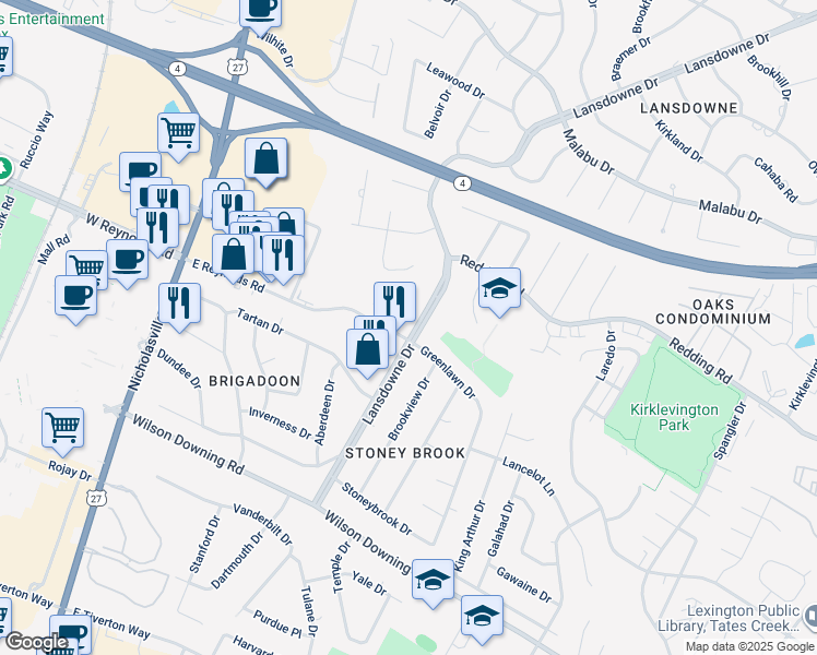 map of restaurants, bars, coffee shops, grocery stores, and more near 3497 Lansdowne Dr in Lexington