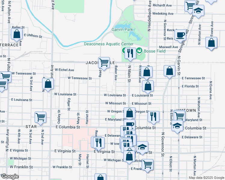 map of restaurants, bars, coffee shops, grocery stores, and more near 1212 Baker Avenue in Evansville
