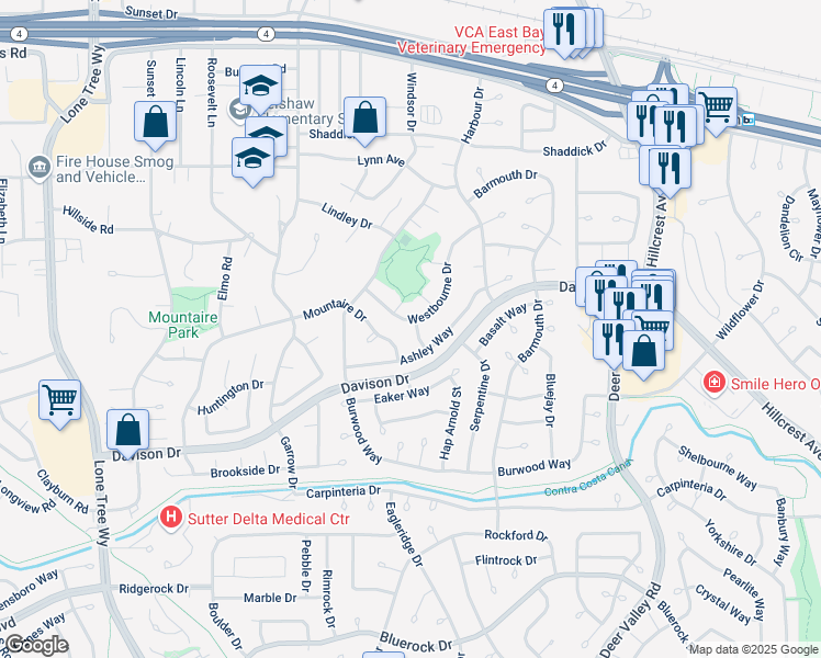 map of restaurants, bars, coffee shops, grocery stores, and more near 3202 Westbourne Drive in Antioch