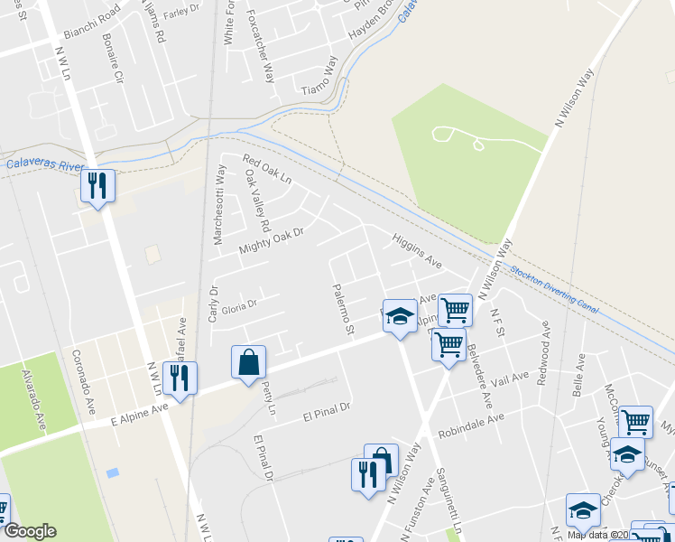 map of restaurants, bars, coffee shops, grocery stores, and more near 3624 Palermo Street in Stockton