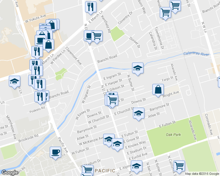 map of restaurants, bars, coffee shops, grocery stores, and more near 131 East Gibson Street in Stockton