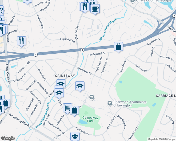 map of restaurants, bars, coffee shops, grocery stores, and more near 1235 Gainesway Drive in Lexington