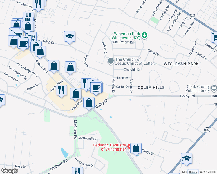 map of restaurants, bars, coffee shops, grocery stores, and more near 105 Quail Ridge Road in Winchester
