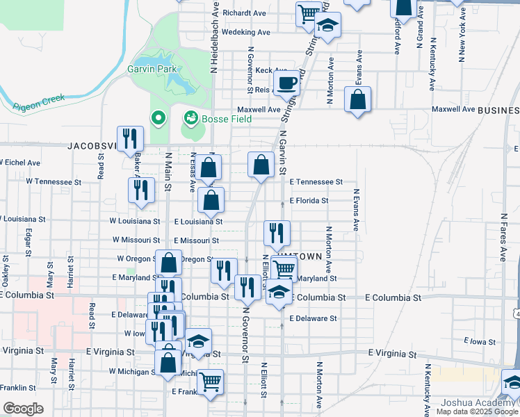 map of restaurants, bars, coffee shops, grocery stores, and more near 1216 N Elliott St in Evansville