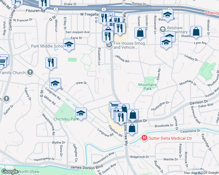map of restaurants, bars, coffee shops, grocery stores, and more near 3260 Lone Tree Way in Antioch