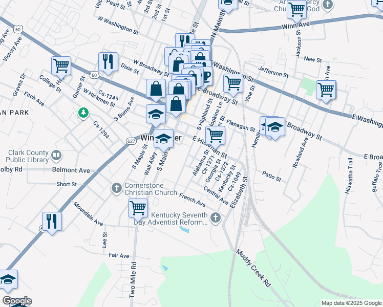 map of restaurants, bars, coffee shops, grocery stores, and more near 229 South Highland Street in Winchester