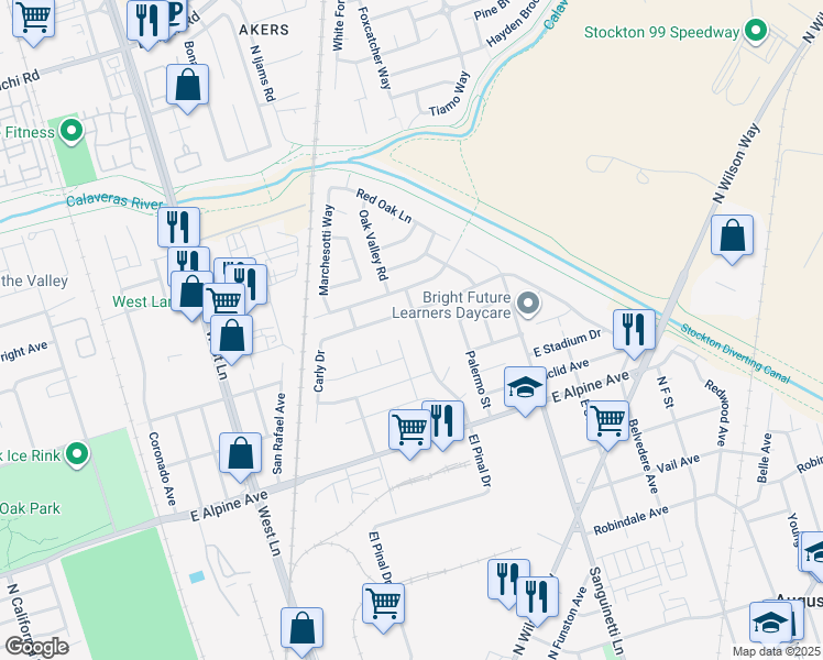 map of restaurants, bars, coffee shops, grocery stores, and more near 3657 El Pinal Drive in Stockton